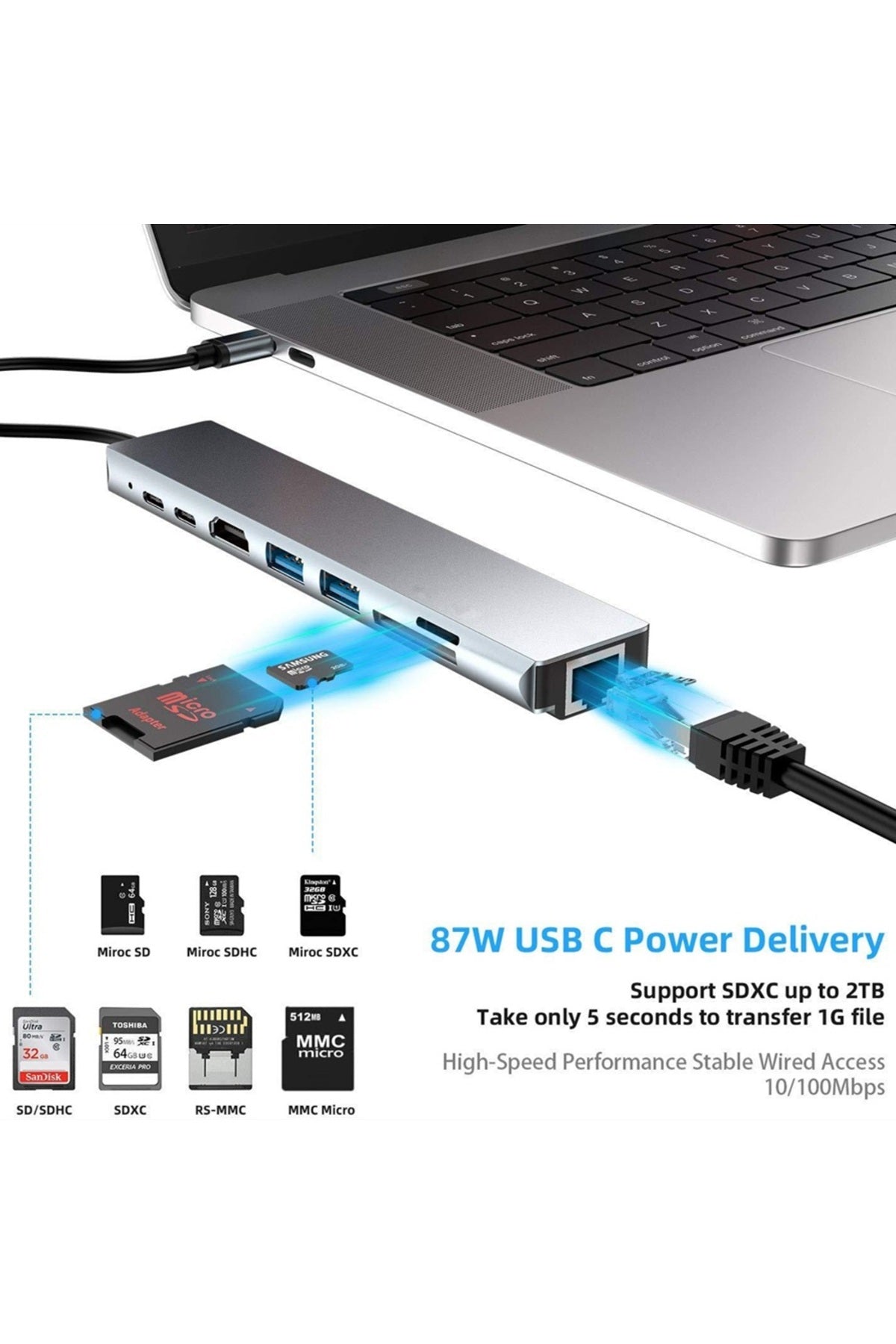 8in1 Usb Type-c Hub Port Adaptör Hdmı Usb Ethernet Pd Girişli