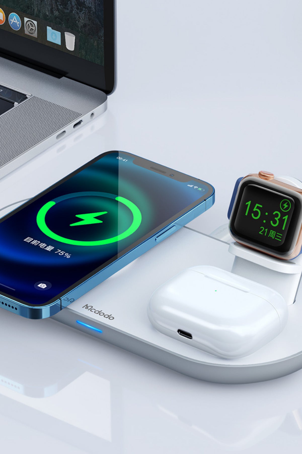 Mcdodo CH-7060 3 İn1 Manyetik 15 W Kablosuz Hızlı Şarj Dock Stand Beyaz