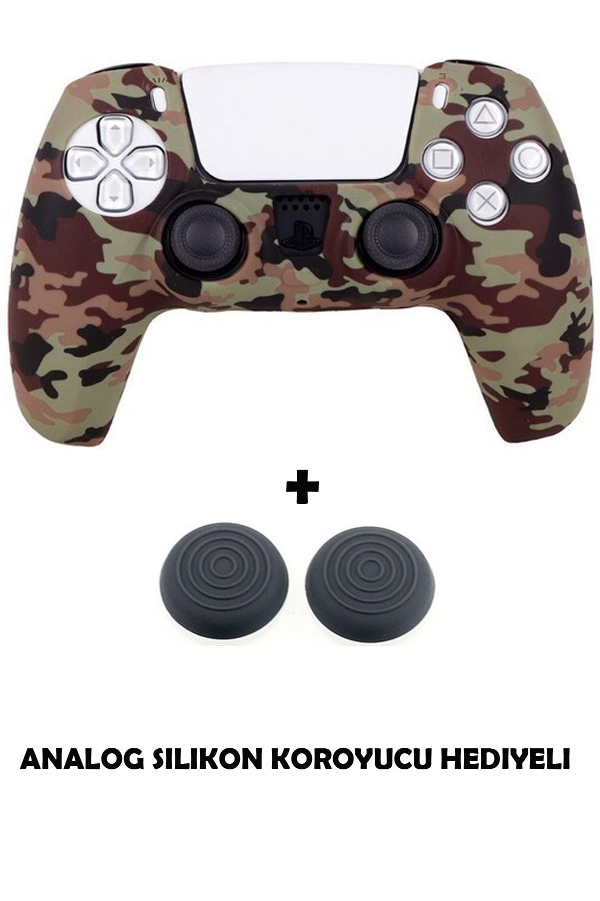 Ps5 Dualsense Uyumlu Kamuflaj Desenli Koruyucu Silikon Kılıf + Analog Silikon Koruyucu Kahverengi Kamuflaj