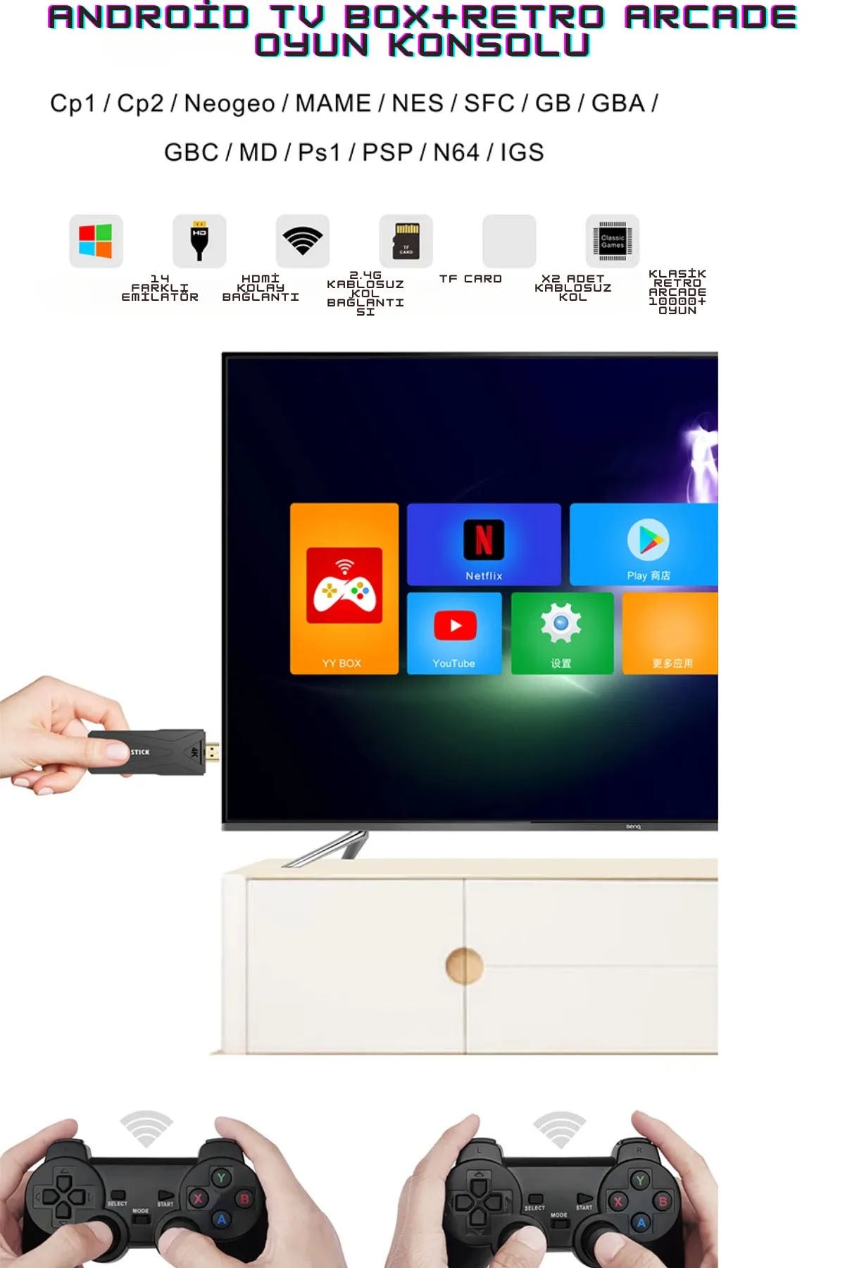 Gt-65 Youtube,netflix,google Android Tv Box 10000 Game Kablosuz Kol Retro Arcade Oyun Konsolu Siyah