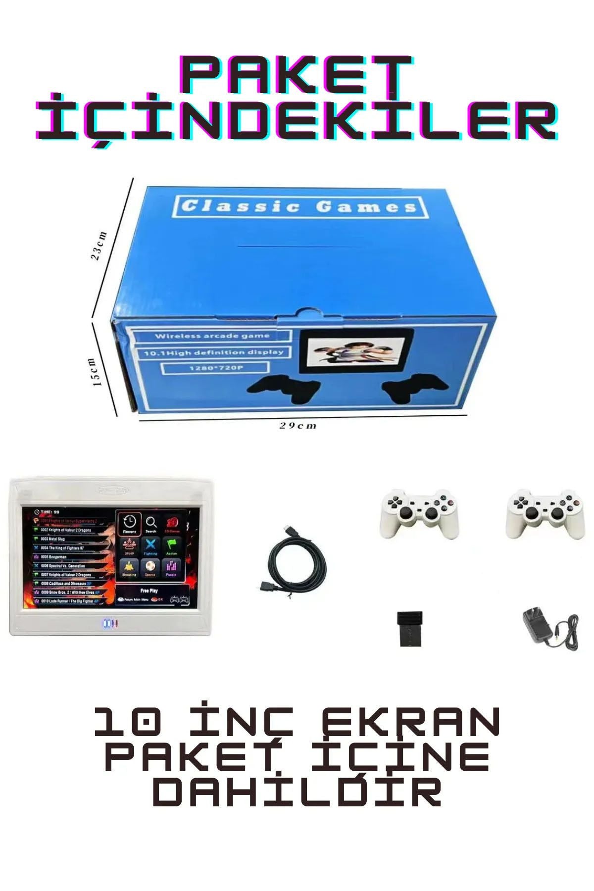 Pandora 10inç Hd Lcd Ekranlı 20000 Oyunlu Kablosuz Çift Kol Retro Arcade Şarjlı Oyun Konsolu Siyah