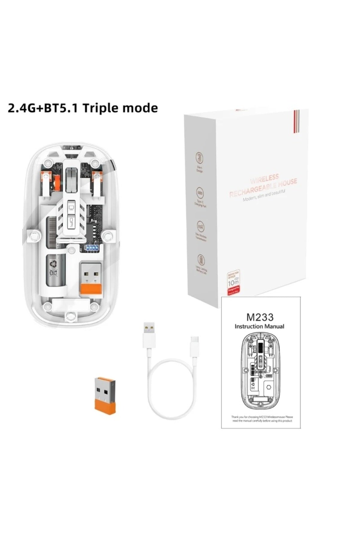 M133 Şeffaf Kablosuz Bluetooth Mouse Üç Modlu Sessiz Şarj Edilebilir