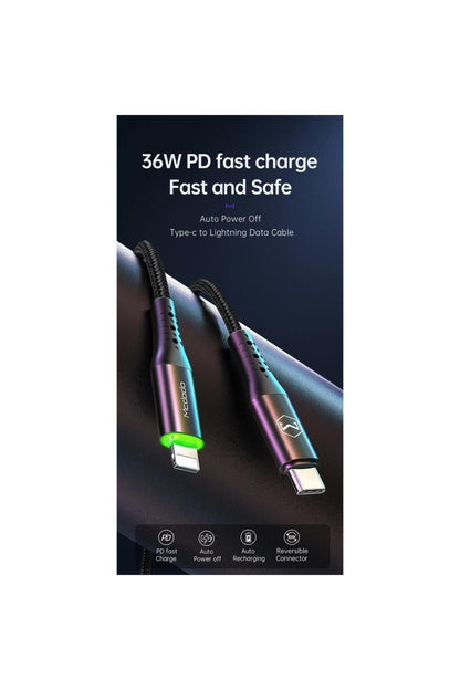 CA 7360 TYPE C TO IPHONE 36W PD DATA ŞARJ KABLOSU 1.2 M SİYAH