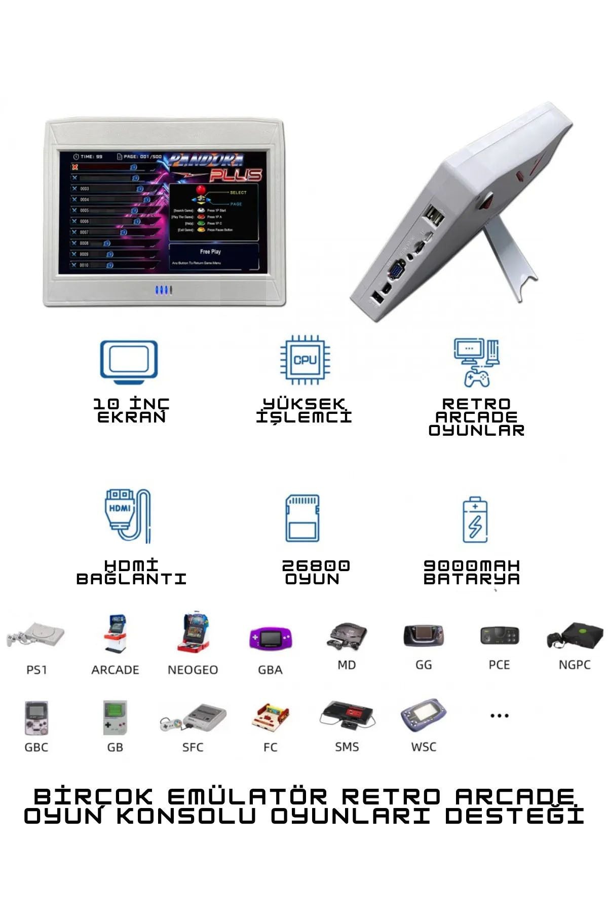 Pandora 10inç Hd Lcd Ekranlı 20000 Oyunlu Kablosuz Çift Kol Retro Arcade Şarjlı Oyun Konsolu Siyah