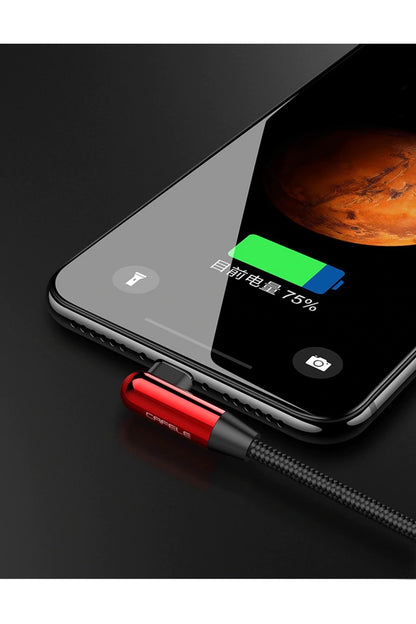 Apple Uyumlu iPhone Lightning 90 Derece Led Işık Gamer Şarj Ve Data Kablo