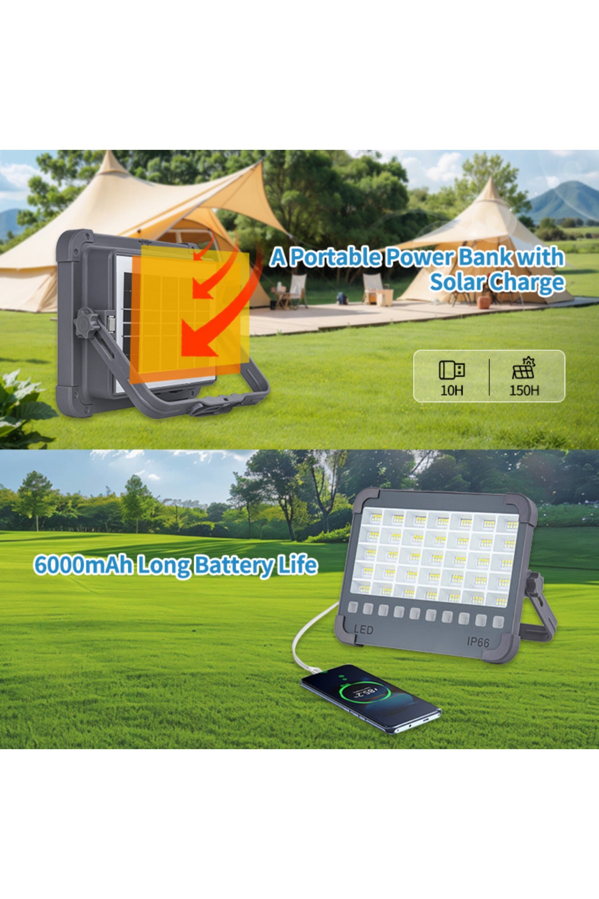 HP-L33 150W Solar Şarjlı Taşınabilir LED | IP66 Su Geçirmez | USB Şarj Girişli Manyetik