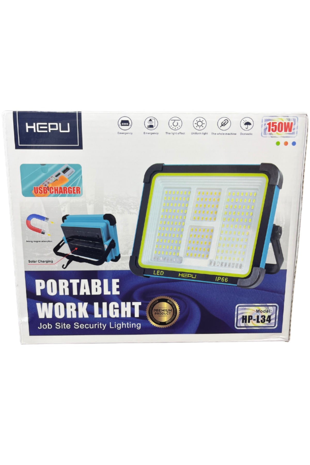Güneş Enerjili Taşınabilir LED – 150W Güç, 336 LED, IP66, Solar + USB Şarjlı, Mıknatıslı Taban