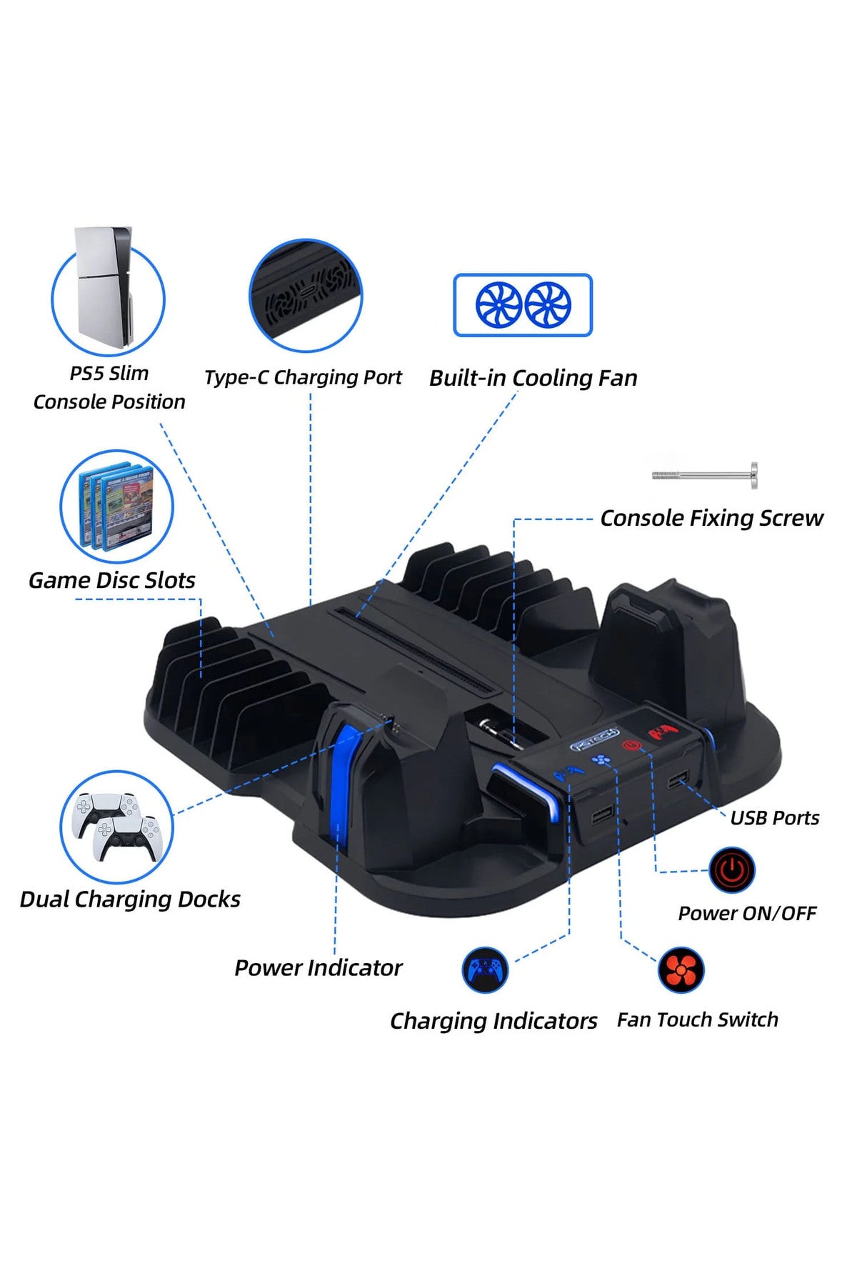 Pg-tech Gp-521 Ps5 Slim Disk/ps5 Slim Dijital Uyumlu Multifonksiyonel Soğutucu Fan Şarj Stand Siyah