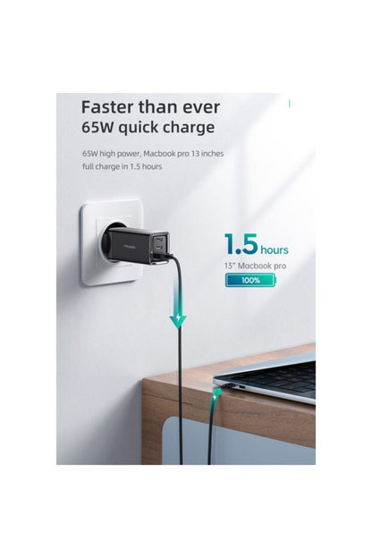Ch-7921 Gan 65w Yüksek Hızlı 2typec 1usb Giriş Şarj Adaptörü-siyah