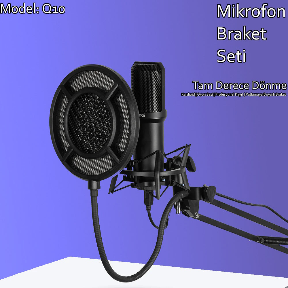 Q10 Kondansatör Mikrofon Seti - Pop Filtre, Mikrofon Standı ve Şok Aparatı Dahil